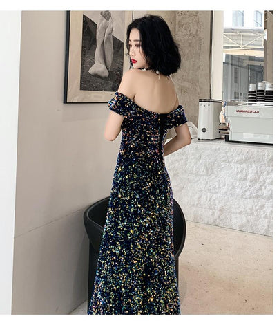 2019 New Listing Off-the-shoulder Sequin Evening Gown Long Paragraph Bridal Dress Fashion Party Temperament Elegant Prom Gowns