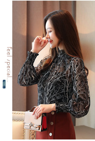 2019 Autumn Fashion Women Chiffon Blouses Casual Stand Collar Floral Women Clothing Long Sleeve Printed shirt Women Tops 6197 50