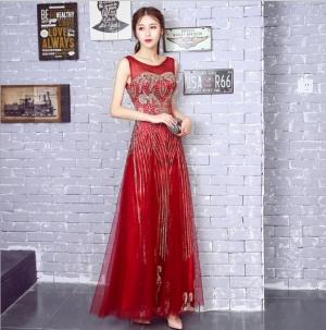 2020 New Champagne Dark Red Scoop Prom Dresses vestido de festa Formal Party Dress Luxury Gold Sequin Evening Dress V-back