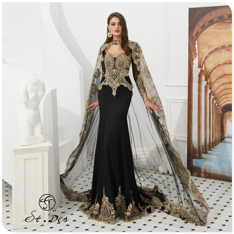 2020 S.T.DES Mermaid Cape Cloak Round-Neck Black Blue Wine Embroidery Long Sleeve Evening Dresses Long Party Gown Formal Dress