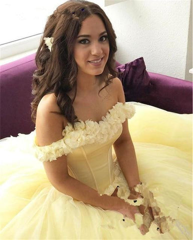 2020 Yellow Ball Gown Quinceanera Dresses 3D Floral Flowers Off Shoulder Sweet 16 Plus Size Princess Tulle Masquerade Prom Gowns