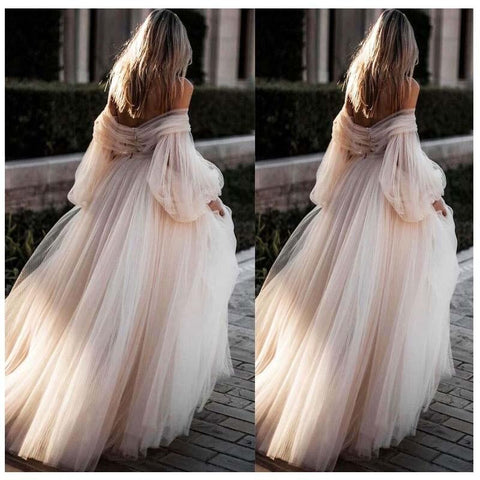 2019 Light Pink Princess Wedding Dress Sweetheart Appliqued Puff Sleeves Bride Dress A-Line Tulle Backless Boho Wedding Gown