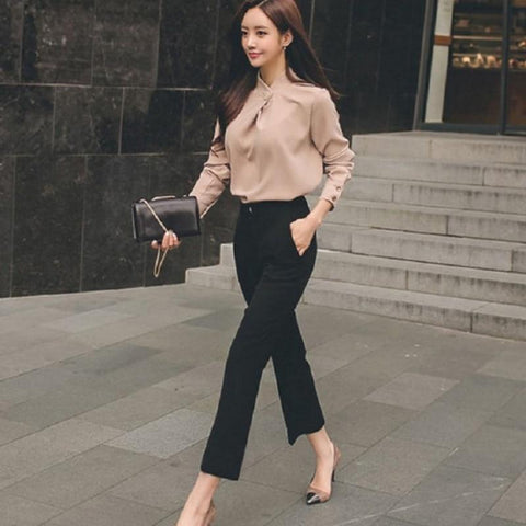 2018 AUTUMN Woman Business Suit Office Suits Work Women Slim Stand Collar Loose Chiffon Blouse+Straight Pants 2pcs Pants Suits