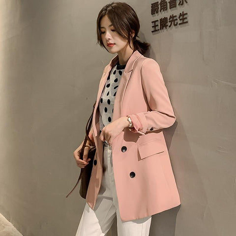 2019 Autumn Pink Blazer Women Large Size Beige Black Double Breasted Big Long Blazer Fall Korean Slim Female Jacket Plus Size