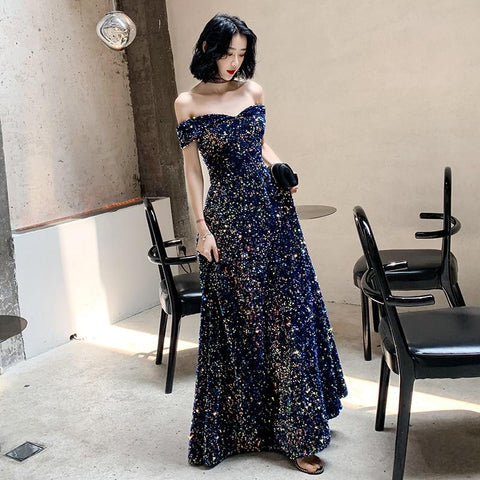 2019 New Listing Off-the-shoulder Sequin Evening Gown Long Paragraph Bridal Dress Fashion Party Temperament Elegant Prom Gowns