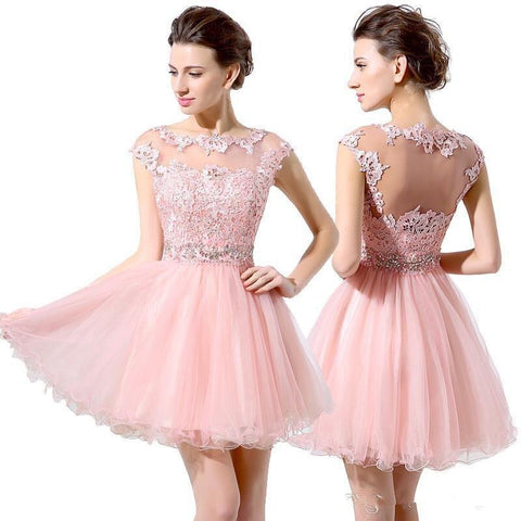 2018 Junior 8th Grade Party Dresses Cute Pink Short Prom Dresses Cheap A-Line Mini Tulle Lace Beads Cap Sleeves Bateau Homecomi